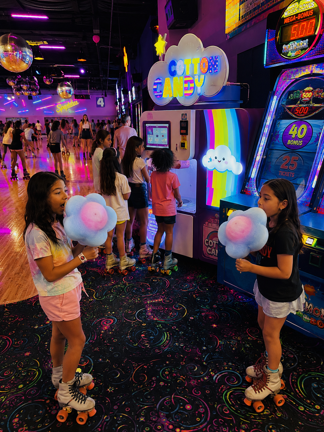 Cotton candy at a roller skating rink